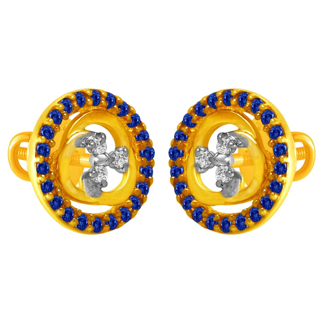 14KT (585) Yellow Gold & Diamond Studs Earrings with Blue Stone Borders - Image 3