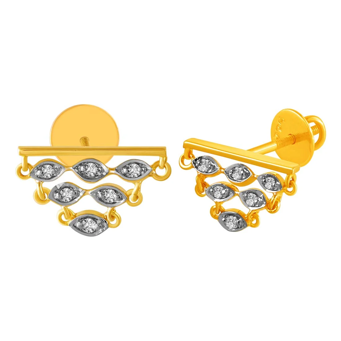 14KT (585) Yellow Gold & Diamond Studs Earrings with Triangular Stone Detailing - Image 3