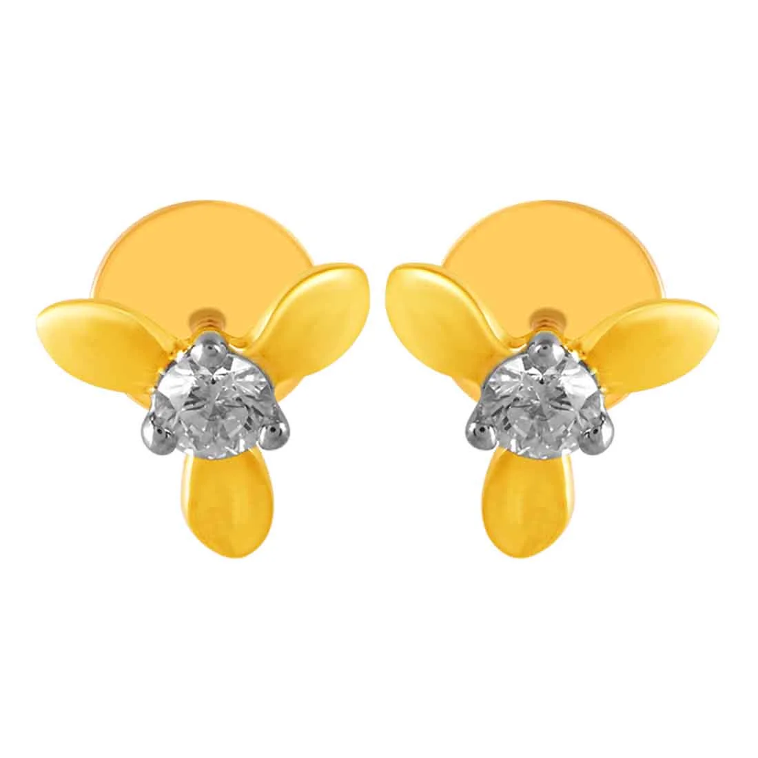 14KT (585) Yellow Gold & Diamond with three Intricate Petals Stud Earrings