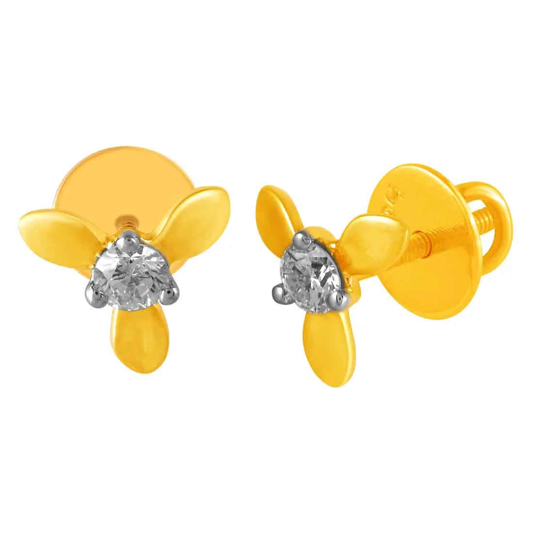 14KT (585) Yellow Gold & Diamond with three Intricate Petals Stud Earrings - Image 2