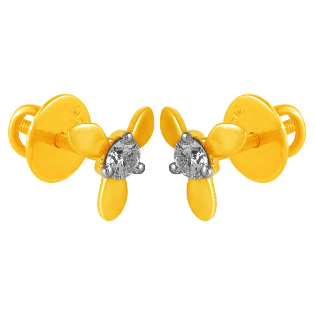 14KT (585) Yellow Gold & Diamond with three Intricate Petals Stud Earrings - Image 3