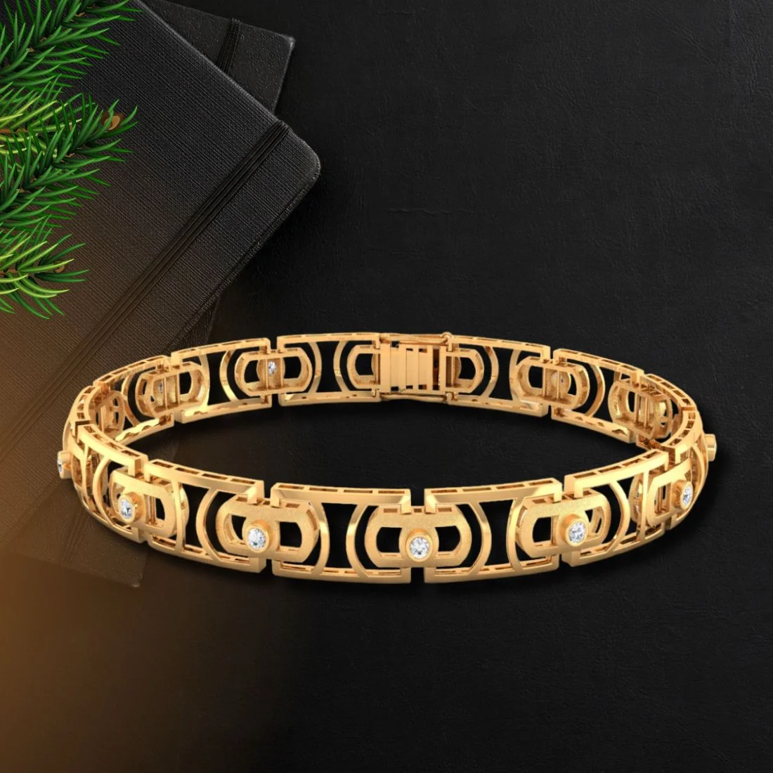14KT (585) Yellow Gold Men's Geometric Elegant Patterned Design Link Bracelet with Embedded Stones - Image 5