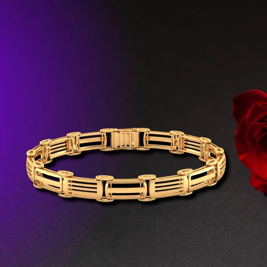 14KT (585) Yellow Gold Sleek Stone Accent Design Men's Link Bracelet - Image 6