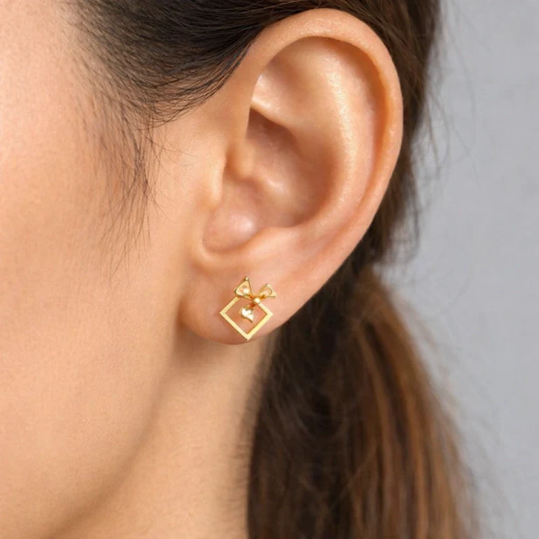 14KT Bloom Frame Gold Stud Earrings – Floral Square Design - Image 2