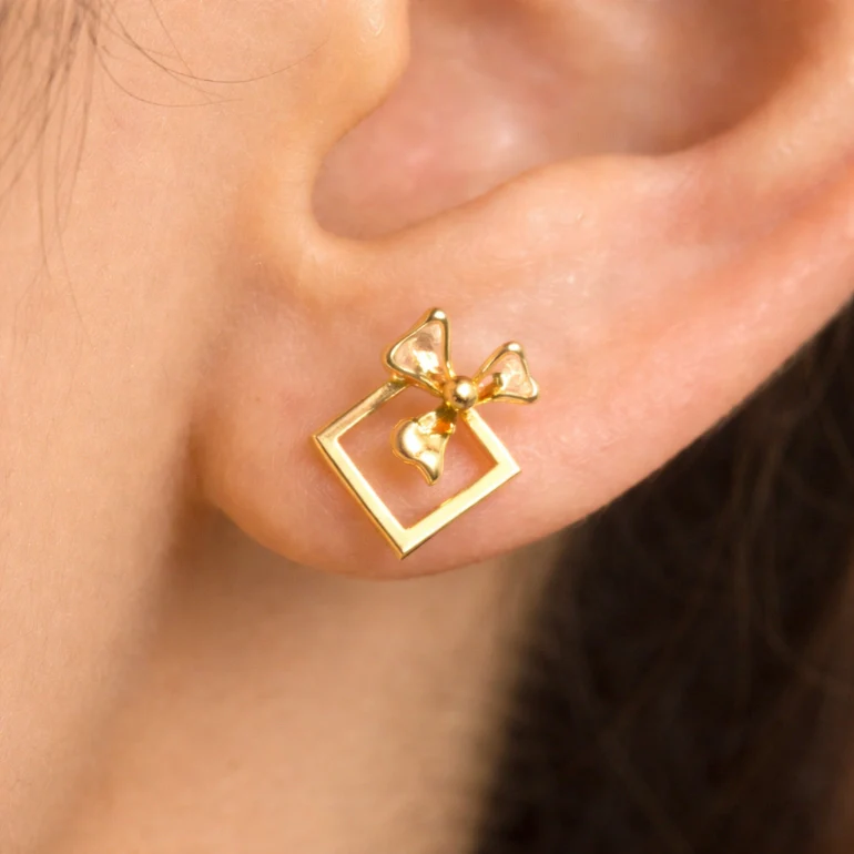 14KT Bloom Frame Gold Stud Earrings – Floral Square Design - Image 6