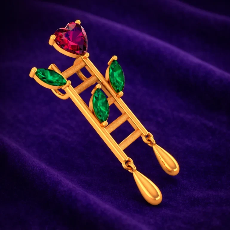 14KT Climb Gold Pendant – Heart & Leaf Ladder Design with Dangling Drops