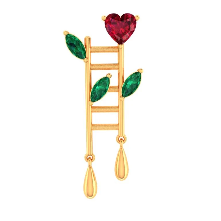 14KT Climb Gold Pendant – Heart & Leaf Ladder Design with Dangling Drops - Image 2