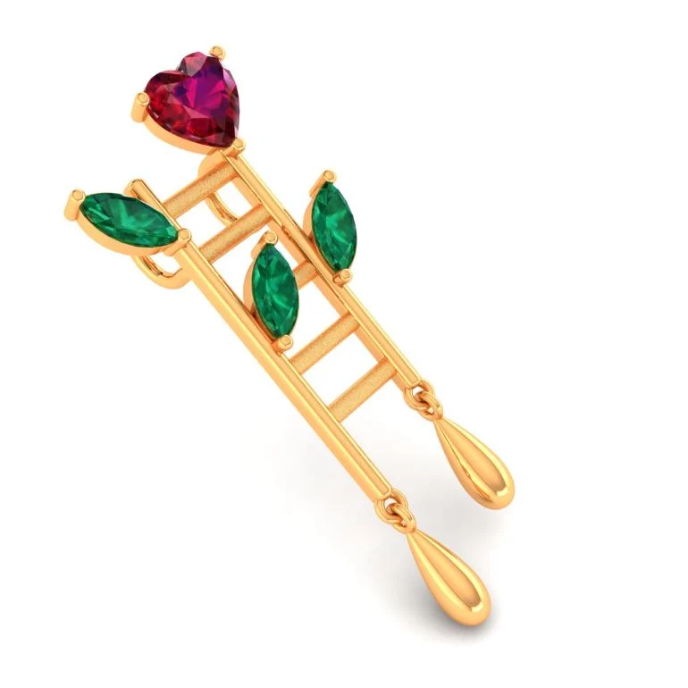 14KT Climb Gold Pendant – Heart & Leaf Ladder Design with Dangling Drops - Image 4