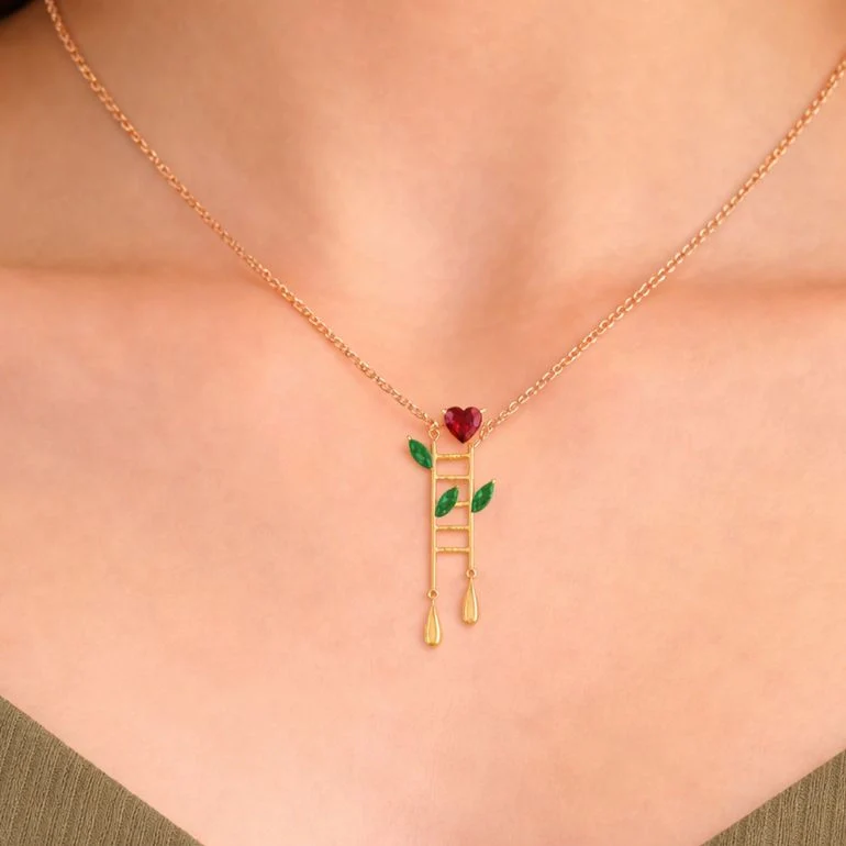 14KT Climb Gold Pendant – Heart & Leaf Ladder Design with Dangling Drops - Image 5
