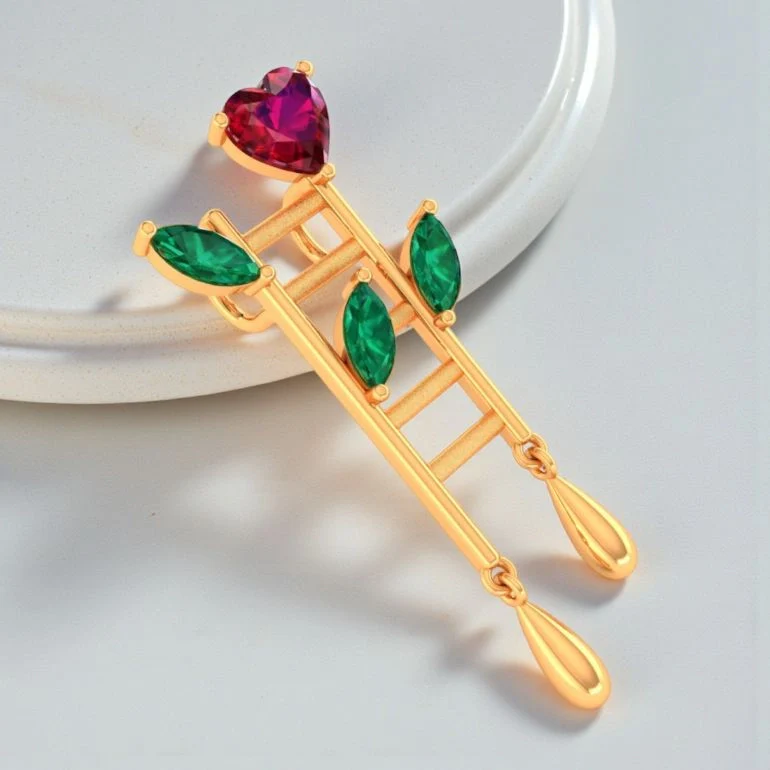 14KT Climb Gold Pendant – Heart & Leaf Ladder Design with Dangling Drops - Image 6