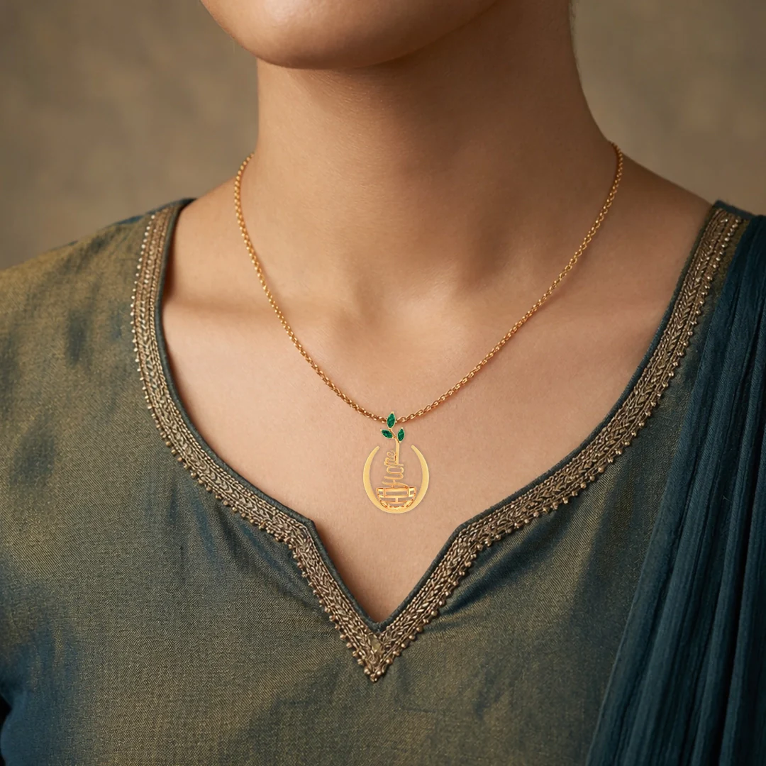 14KT Gold Hope Leaf Pendant – Nature-Inspired Design with Green Stone Leaves - Image 4