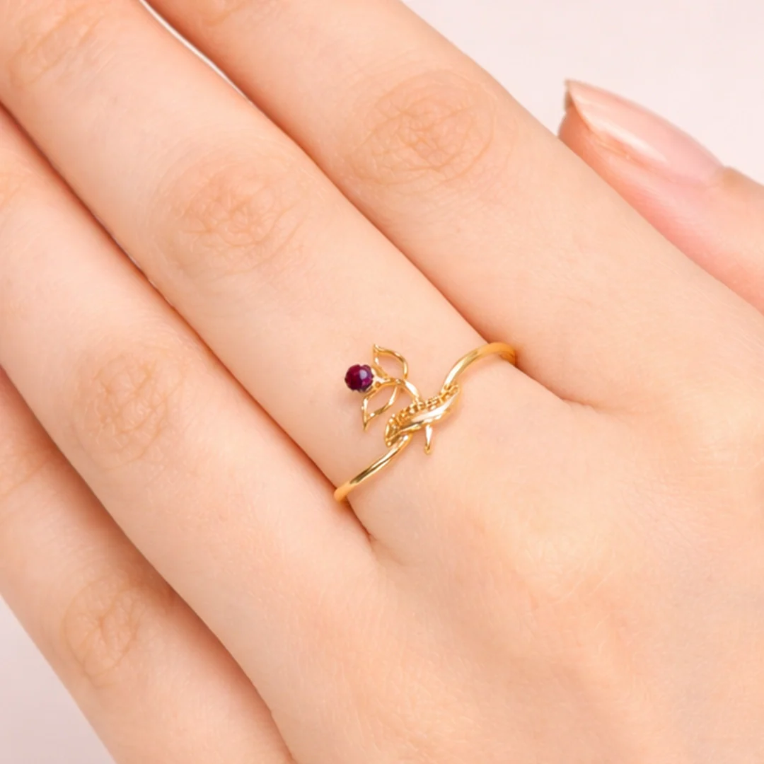14KT Gold Leaf Bloom Women’s Nature-Inspired Ring with Stone - Image 6