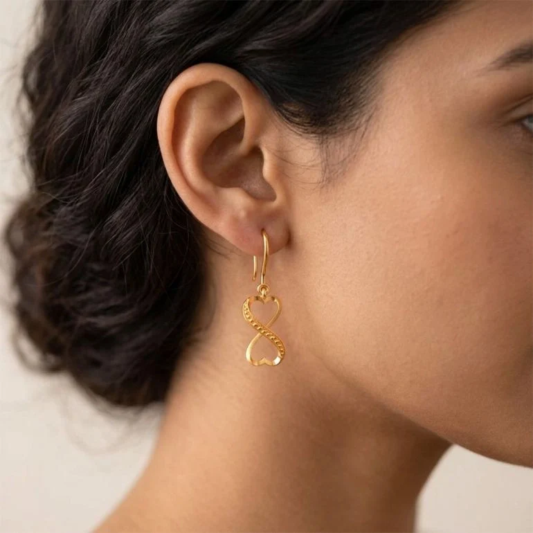 14KT Infinity Heart Gold Drop Earrings – Dual Heart Love Design - Image 3