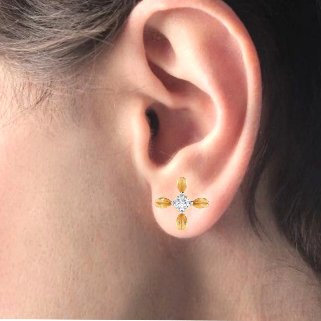 18k 4 Petal Floral Designed Gold Earrings With Diamond - Image 5