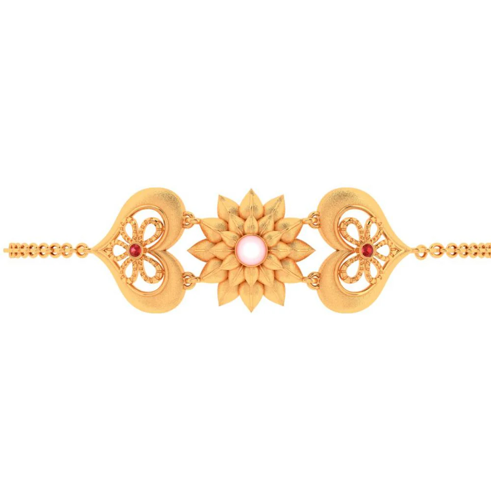 18k 6 Gold Flowers Red Gems With Pink Pearl Bracelet