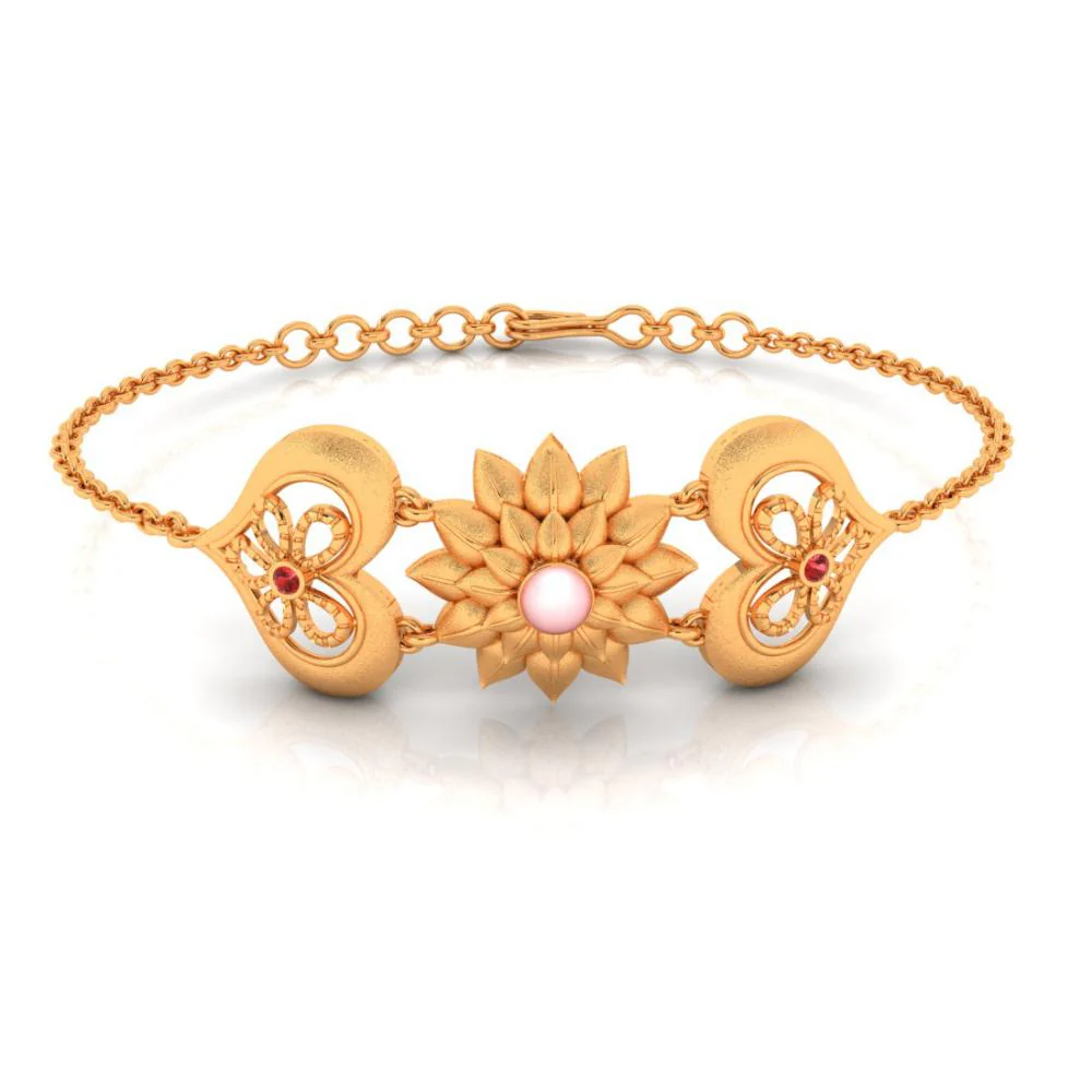 18k 6 Gold Flowers Red Gems With Pink Pearl Bracelet - Image 3