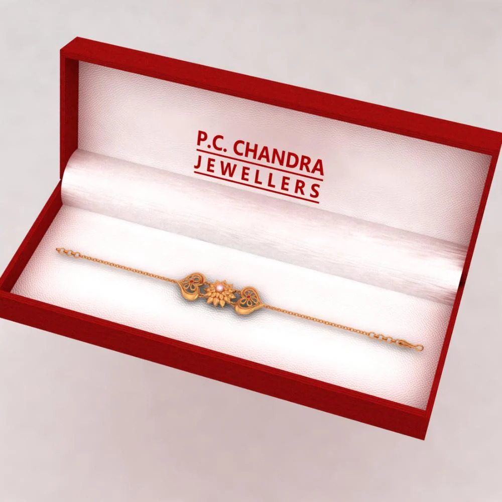 18k 6 Gold Flowers Red Gems With Pink Pearl Bracelet - Image 6