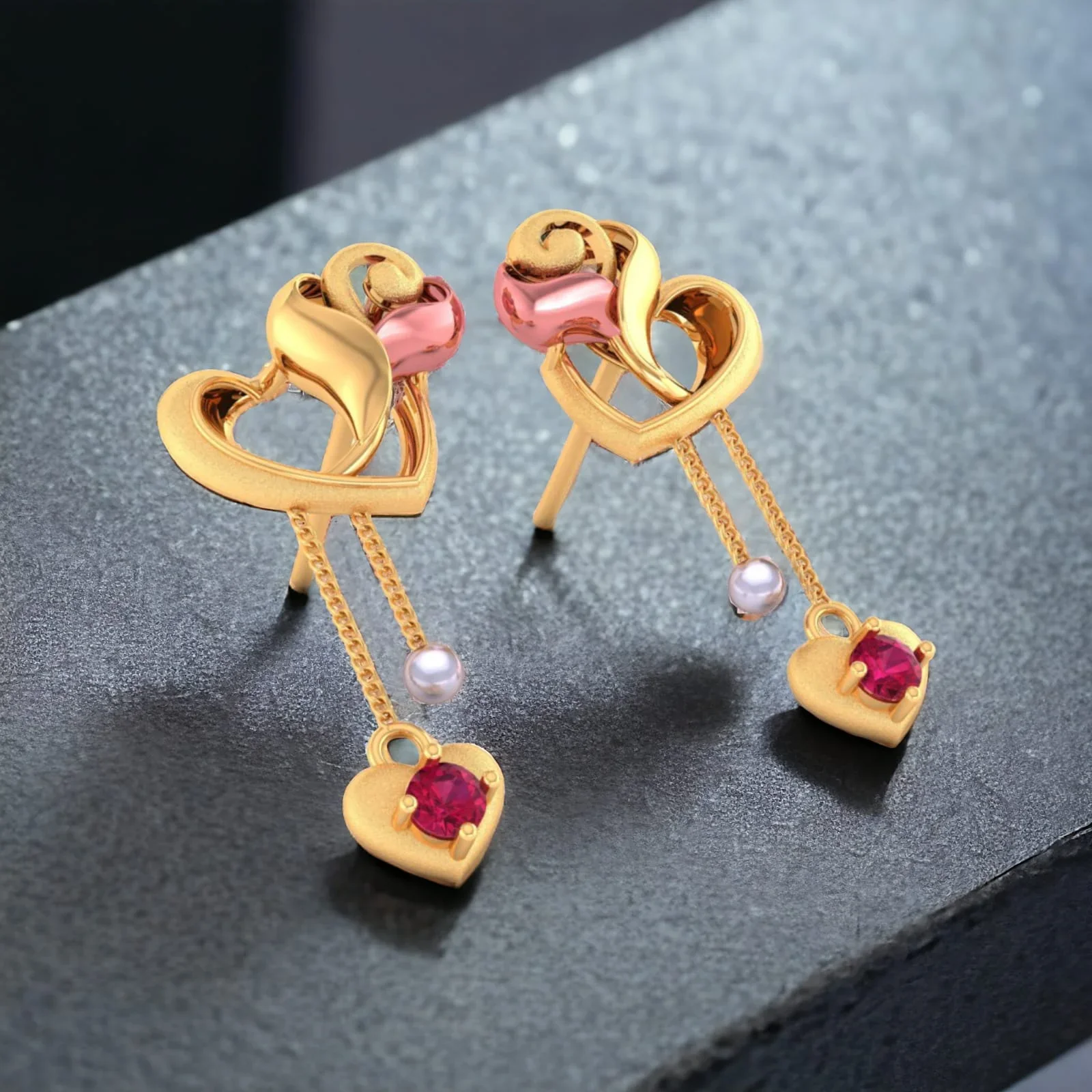 18k (750) Gold Earrings Having Interlocking Hearts Design With Heart And Pearl Danglers - Image 2