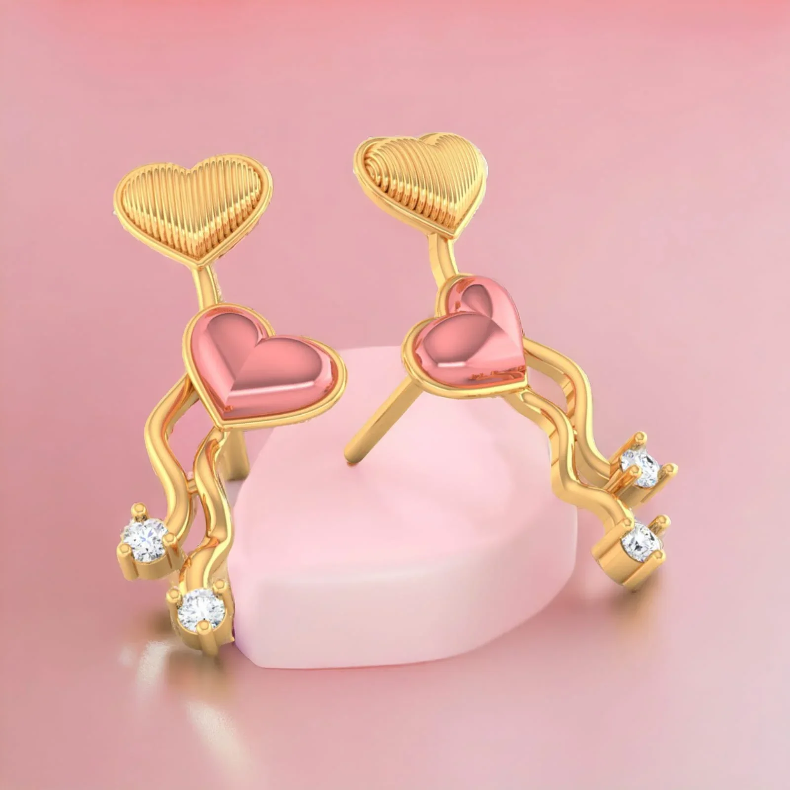 18k (750) Gold Earrings With Floating Hearts Design And Embedded Stones - Image 2