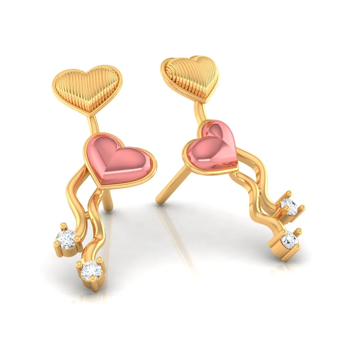 18k (750) Gold Earrings With Floating Hearts Design And Embedded Stones - Image 3