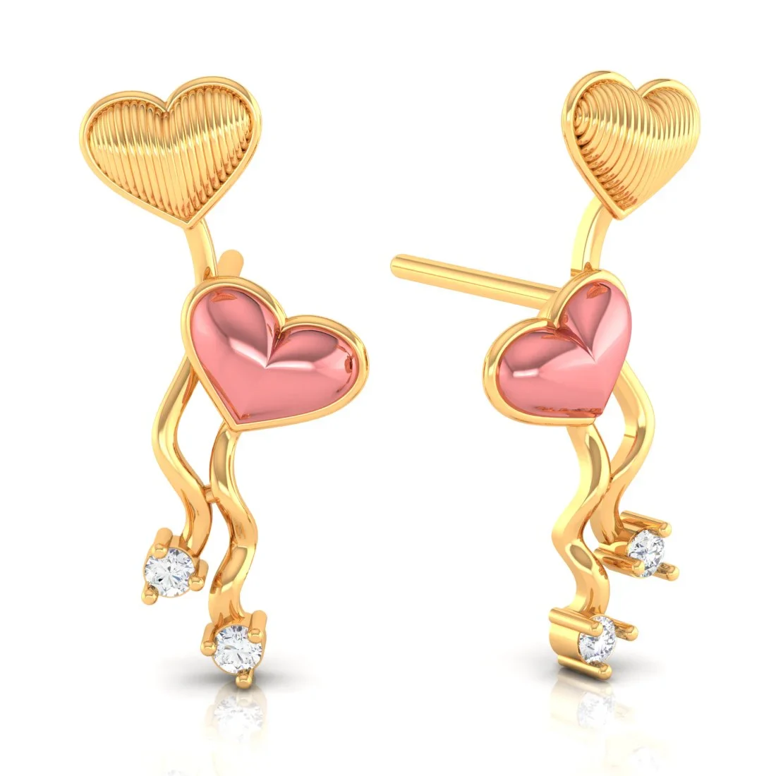 18k (750) Gold Earrings With Floating Hearts Design And Embedded Stones - Image 4