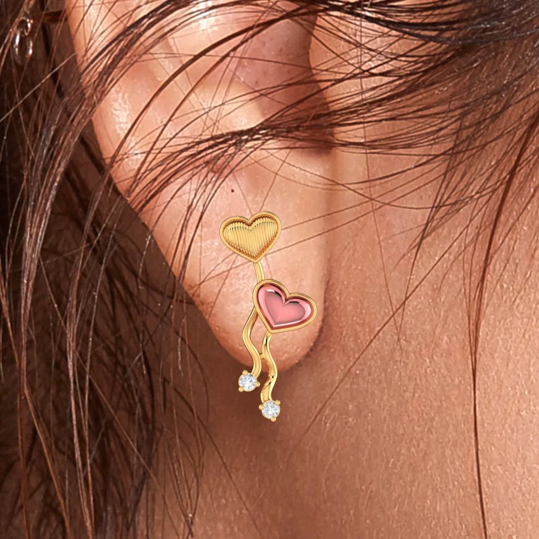 18k (750) Gold Earrings With Floating Hearts Design And Embedded Stones - Image 6