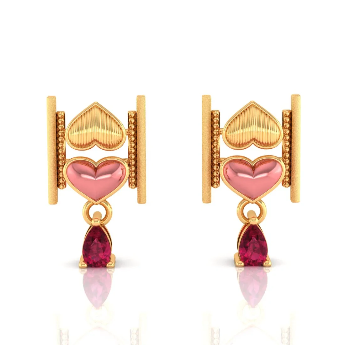 18k (750) Gold Earrings With Stacked Hearts Design And Stone Dangles