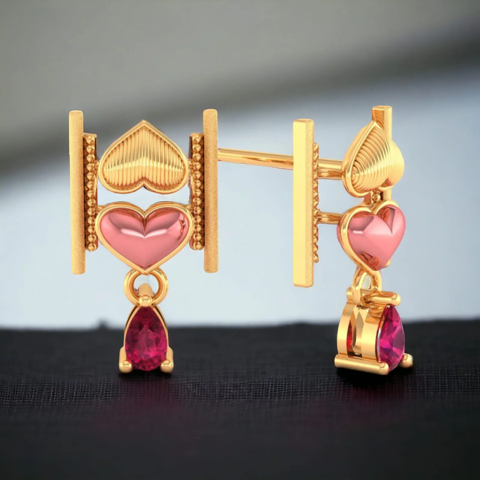 18k (750) Gold Earrings With Stacked Hearts Design And Stone Dangles - Image 2