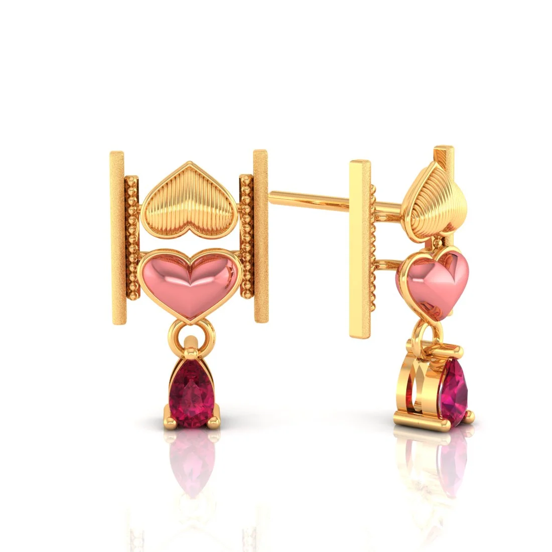 18k (750) Gold Earrings With Stacked Hearts Design And Stone Dangles - Image 3