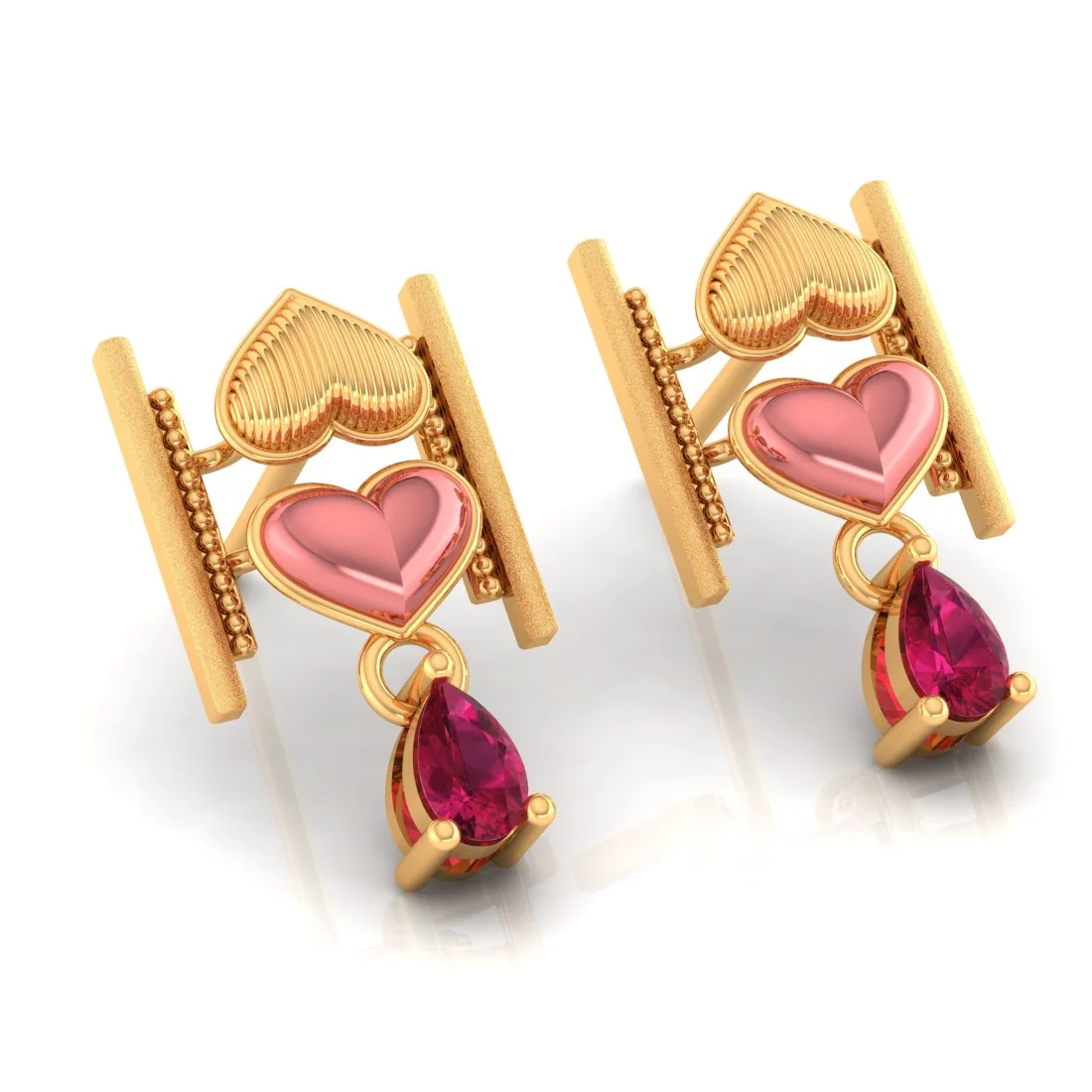 18k (750) Gold Earrings With Stacked Hearts Design And Stone Dangles - Image 4