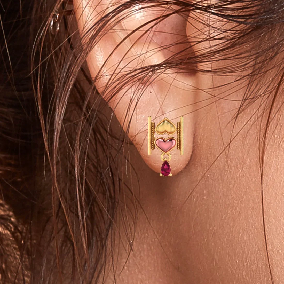 18k (750) Gold Earrings With Stacked Hearts Design And Stone Dangles - Image 5