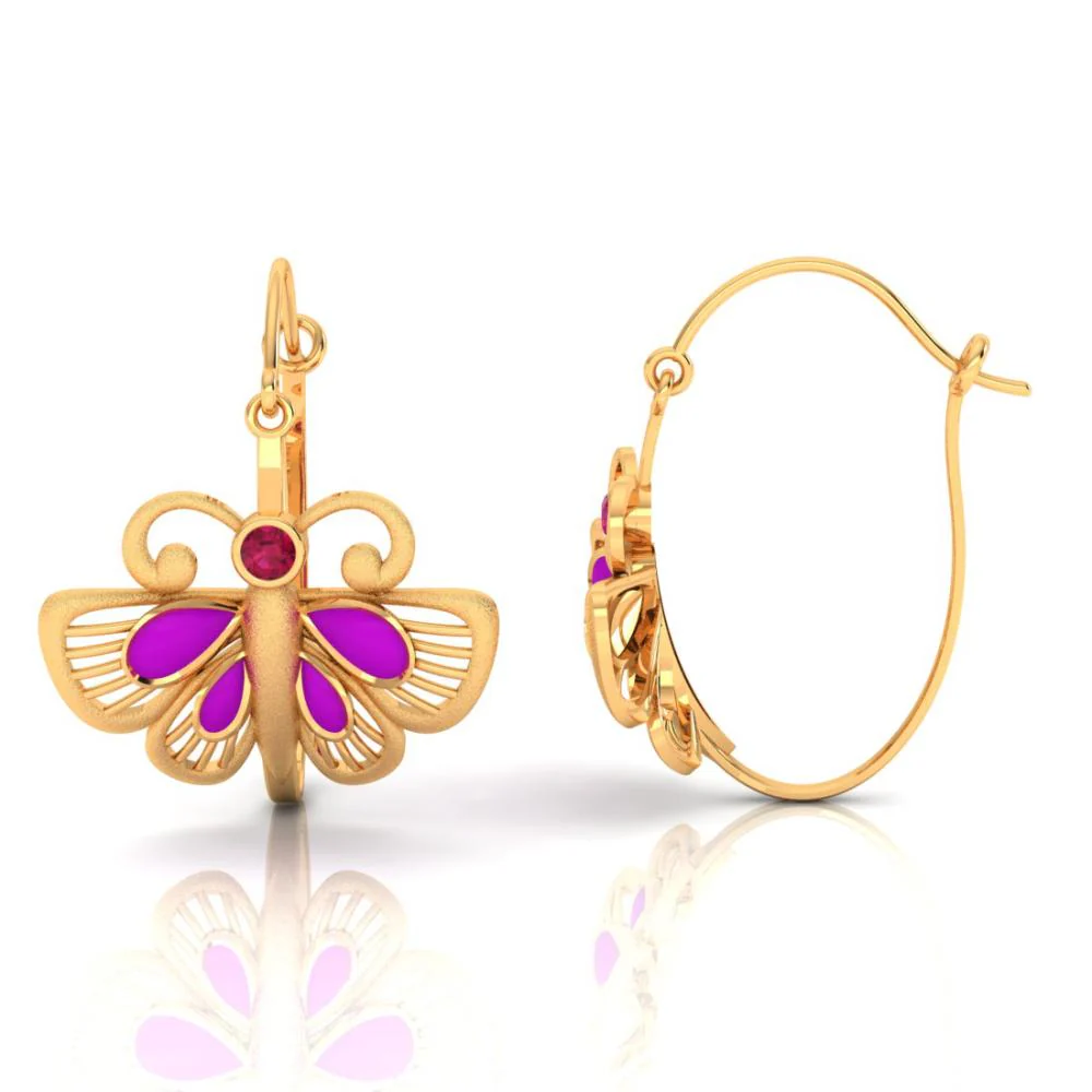 18k Classy Gold Butterfly Shaped Earrings With Red And Purple Stones - Image 2