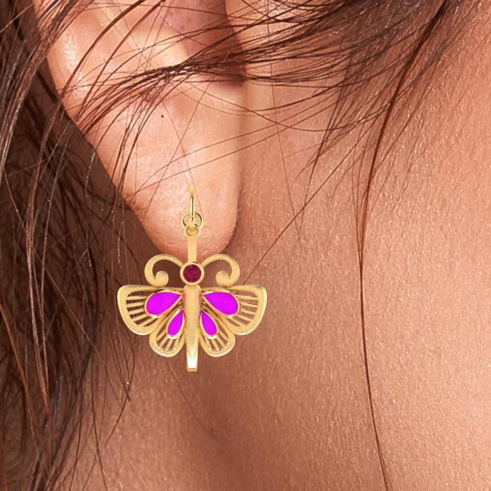 18k Classy Gold Butterfly Shaped Earrings With Red And Purple Stones - Image 5