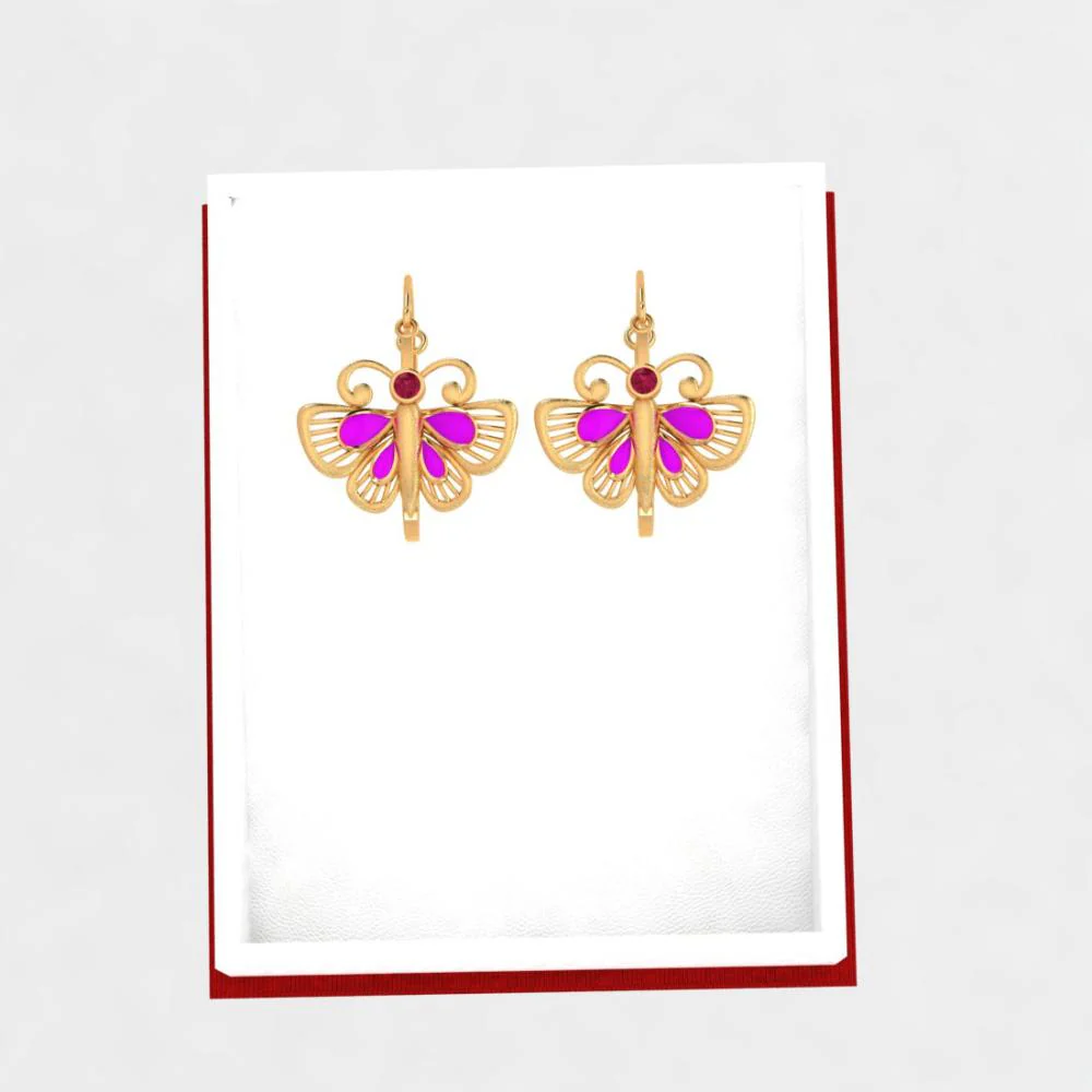 18k Classy Gold Butterfly Shaped Earrings With Red And Purple Stones - Image 6