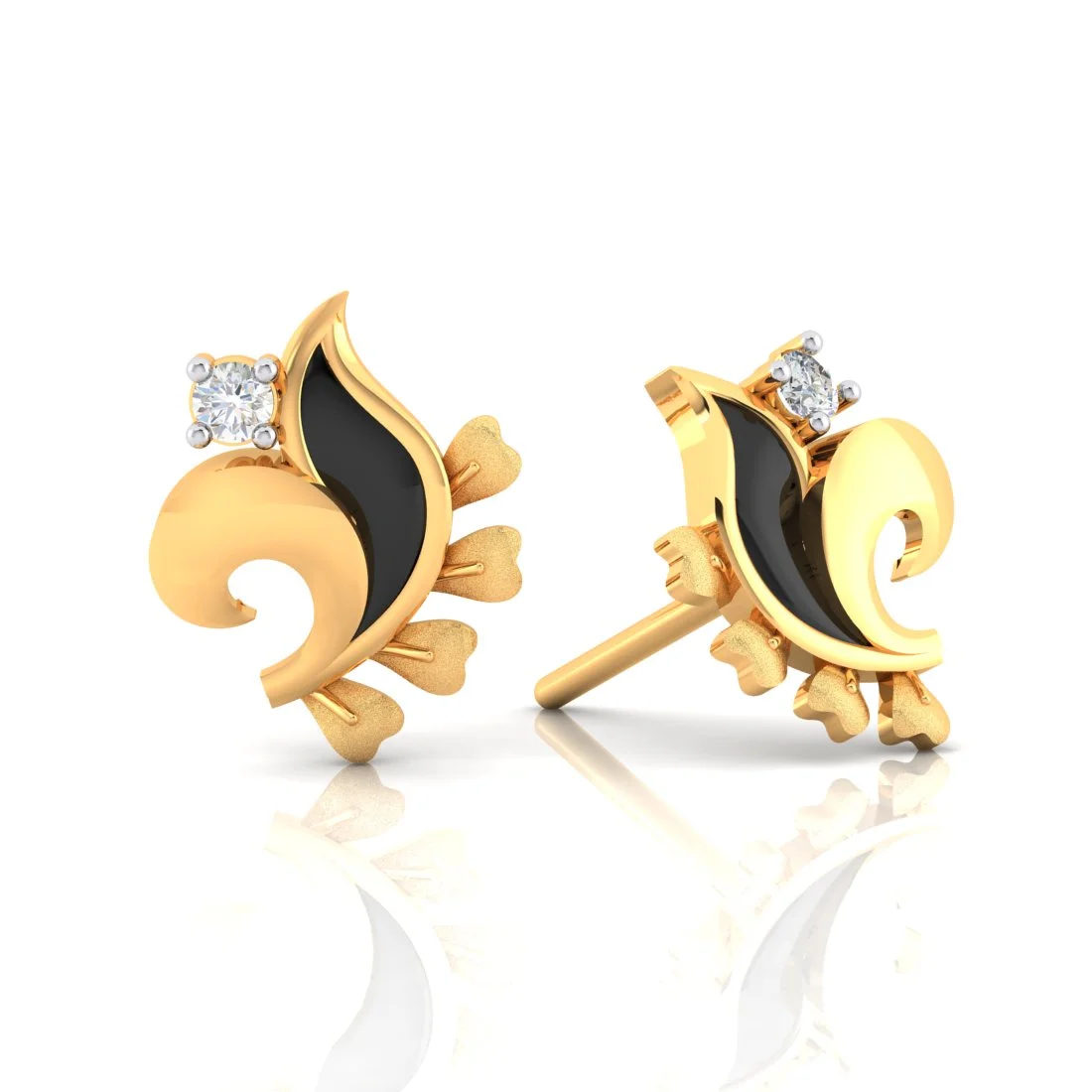 18K Diamond Earrings Floral Studs With Black Meena And Embedded Diamonds - Image 4