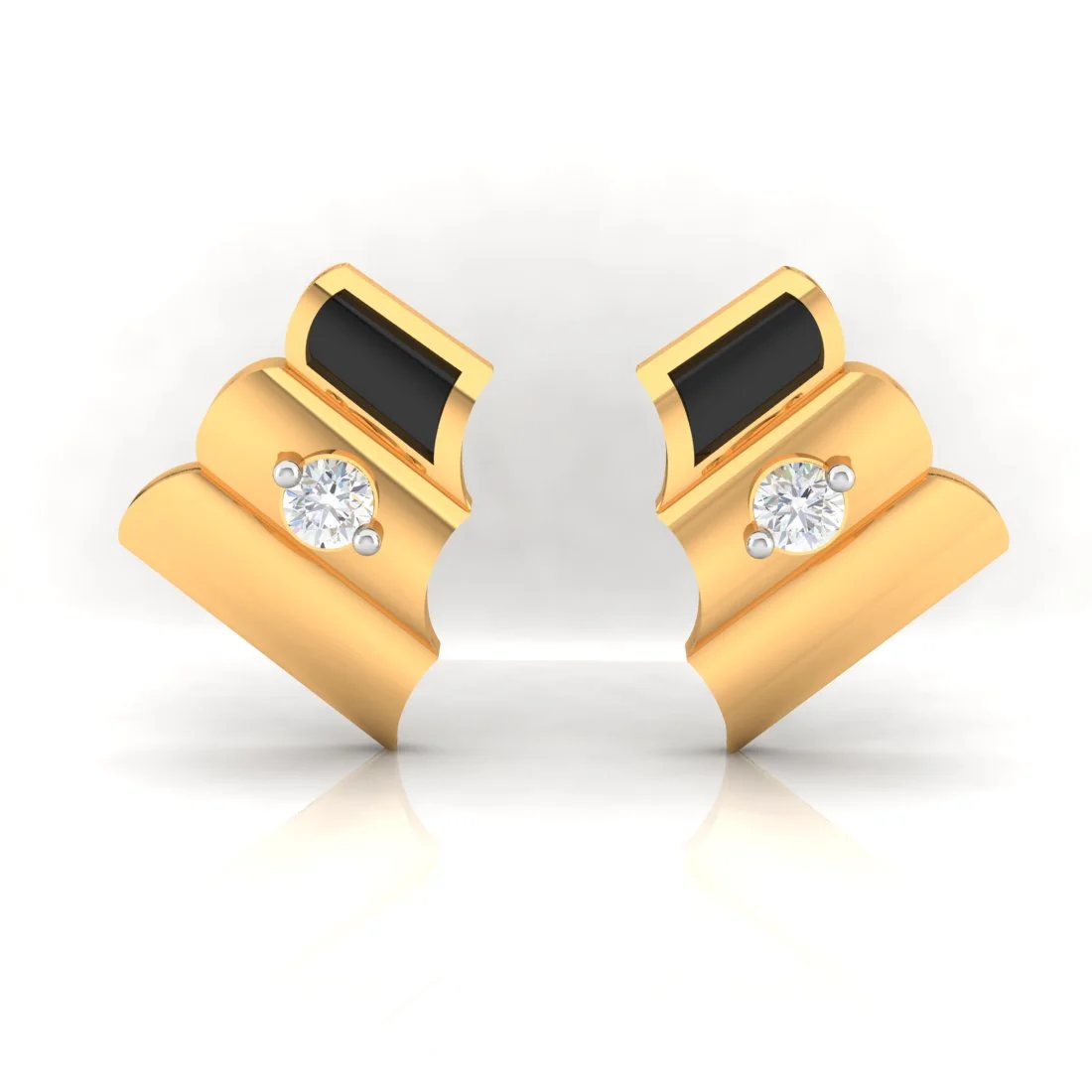 18K Diamond Earrings Folded Paper Studs With Black Meena And Embedded Diamonds