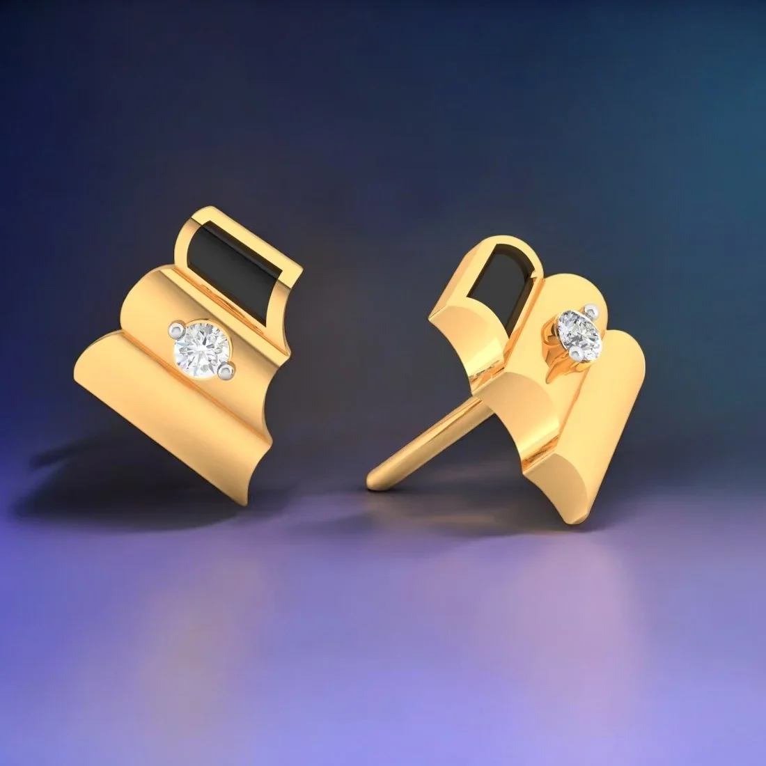 18K Diamond Earrings Folded Paper Studs With Black Meena And Embedded Diamonds - Image 2