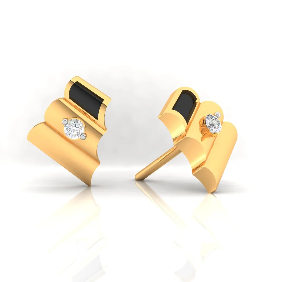 18K Diamond Earrings Folded Paper Studs With Black Meena And Embedded Diamonds - Image 4