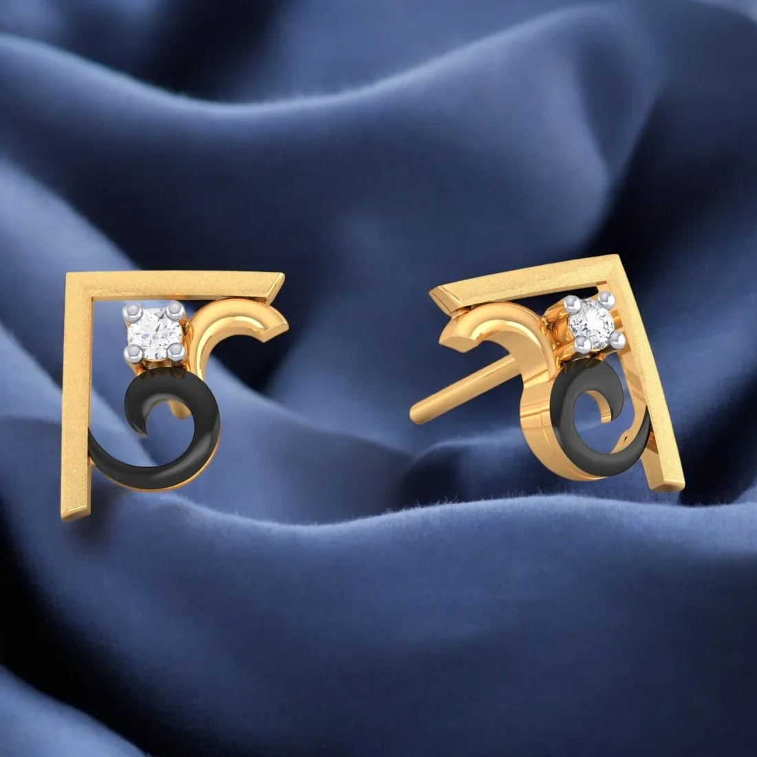 18K Diamond Earrings Geometric Swirl Studs With Black Meena And Embedded Diamonds - Image 2