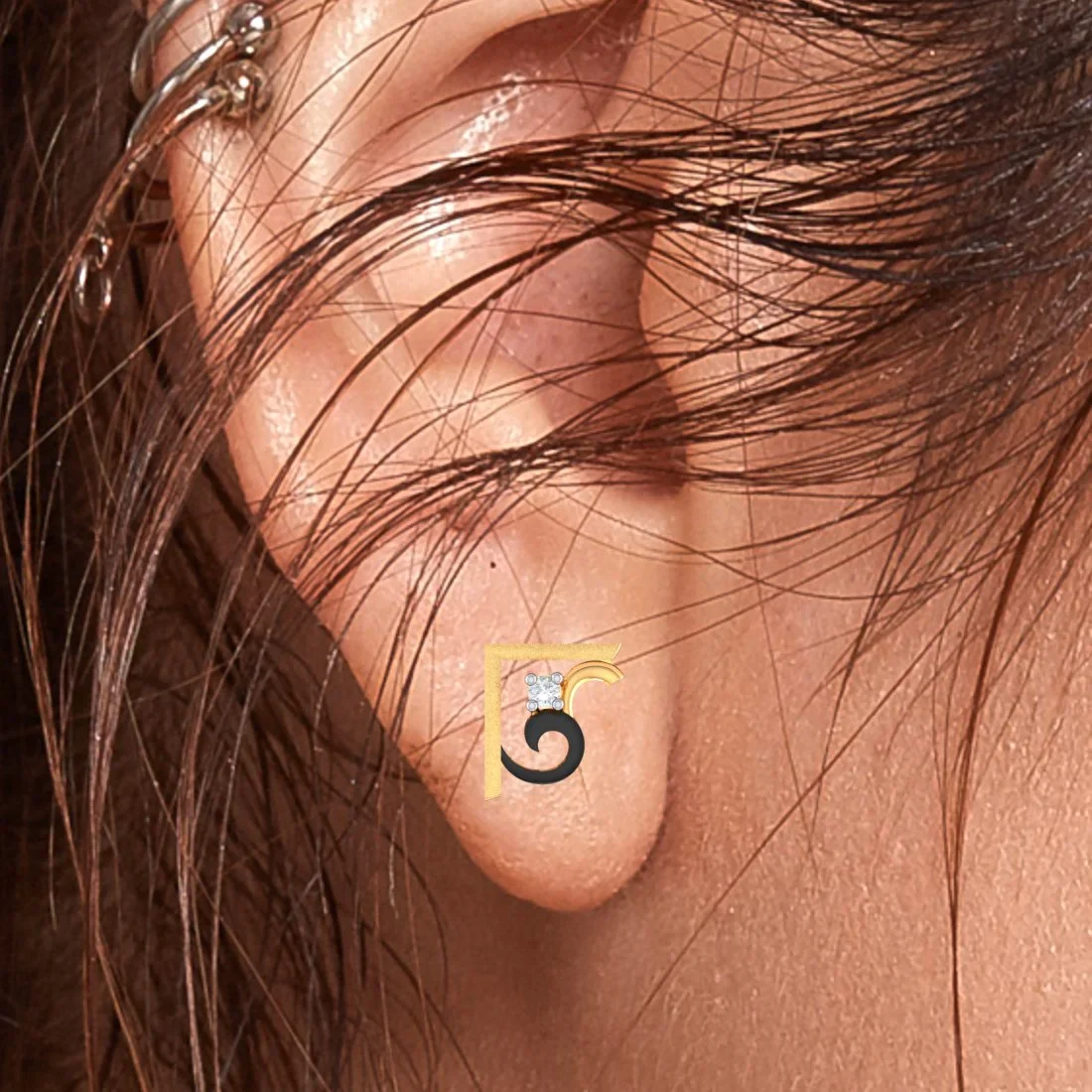 18K Diamond Earrings Geometric Swirl Studs With Black Meena And Embedded Diamonds - Image 6