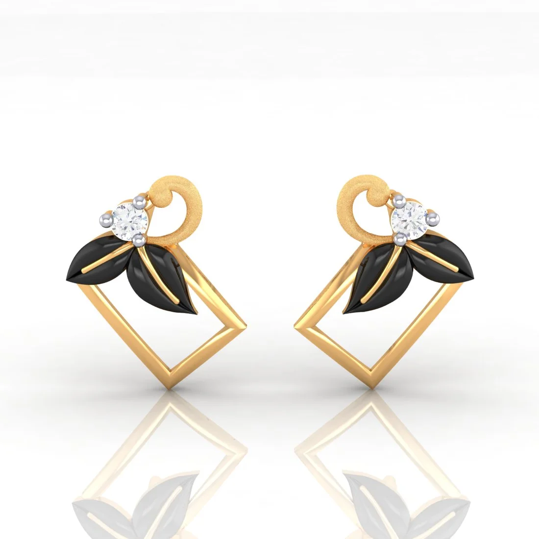 18K Diamond Earrings Square Floral Studs With Black Meena And Embedded Diamonds