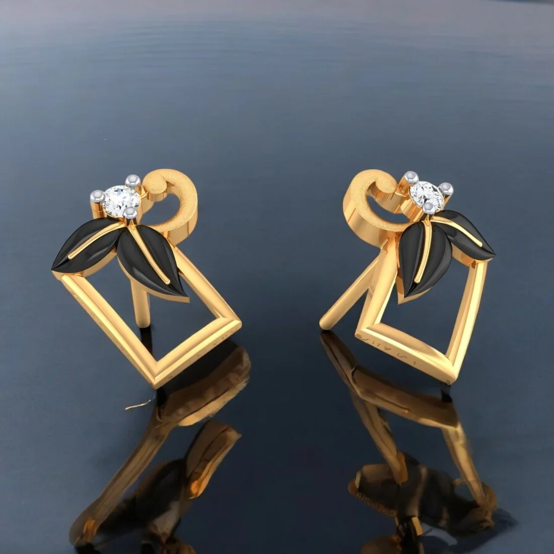 18K Diamond Earrings Square Floral Studs With Black Meena And Embedded Diamonds - Image 2