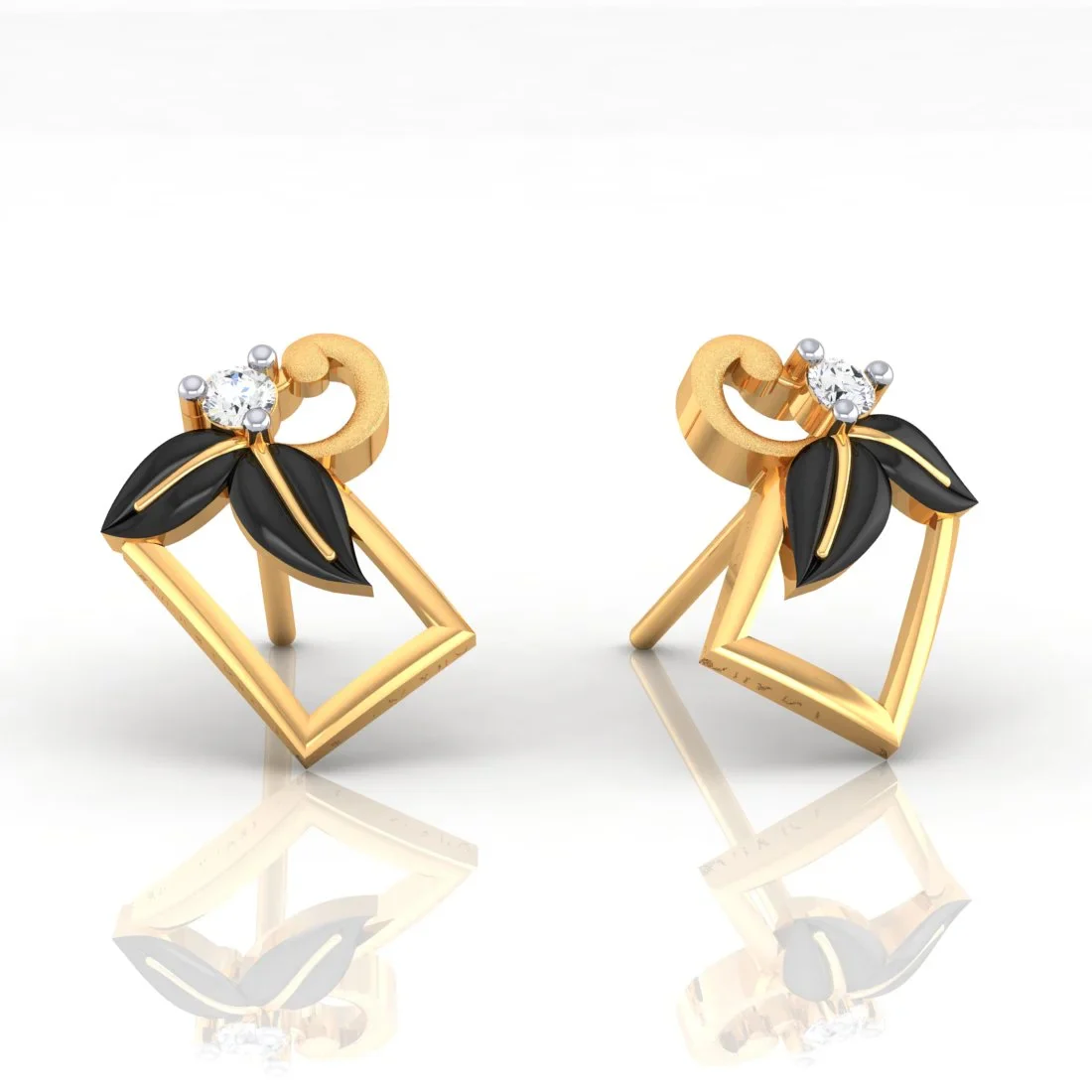 18K Diamond Earrings Square Floral Studs With Black Meena And Embedded Diamonds - Image 4
