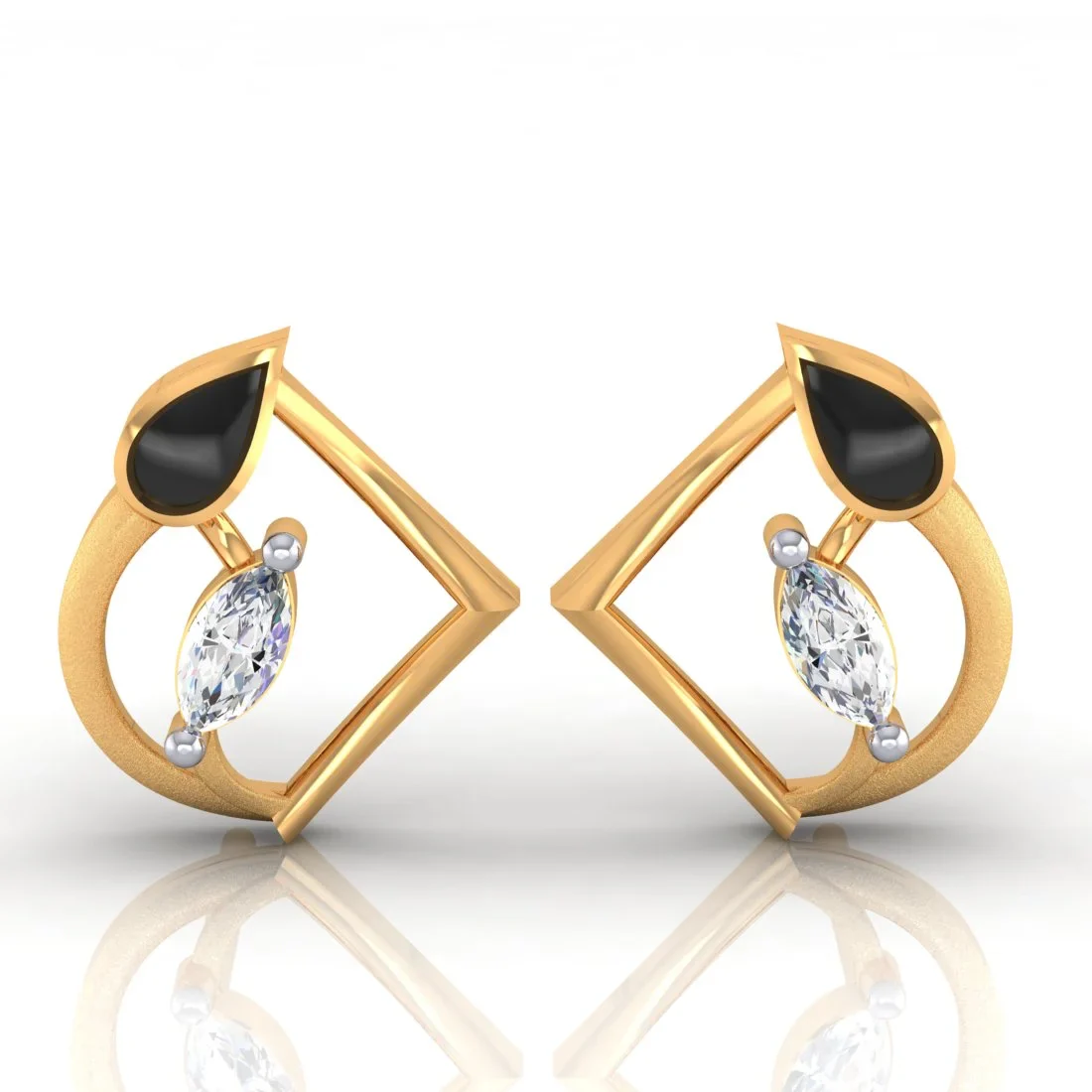 18K Diamond Earrings Teardrop Geometric Studs With Black Meena And Embedded Diamondss