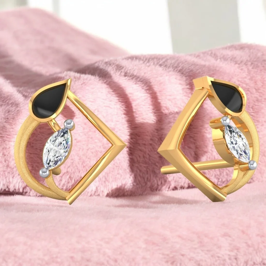 18K Diamond Earrings Teardrop Geometric Studs With Black Meena And Embedded Diamondss - Image 2