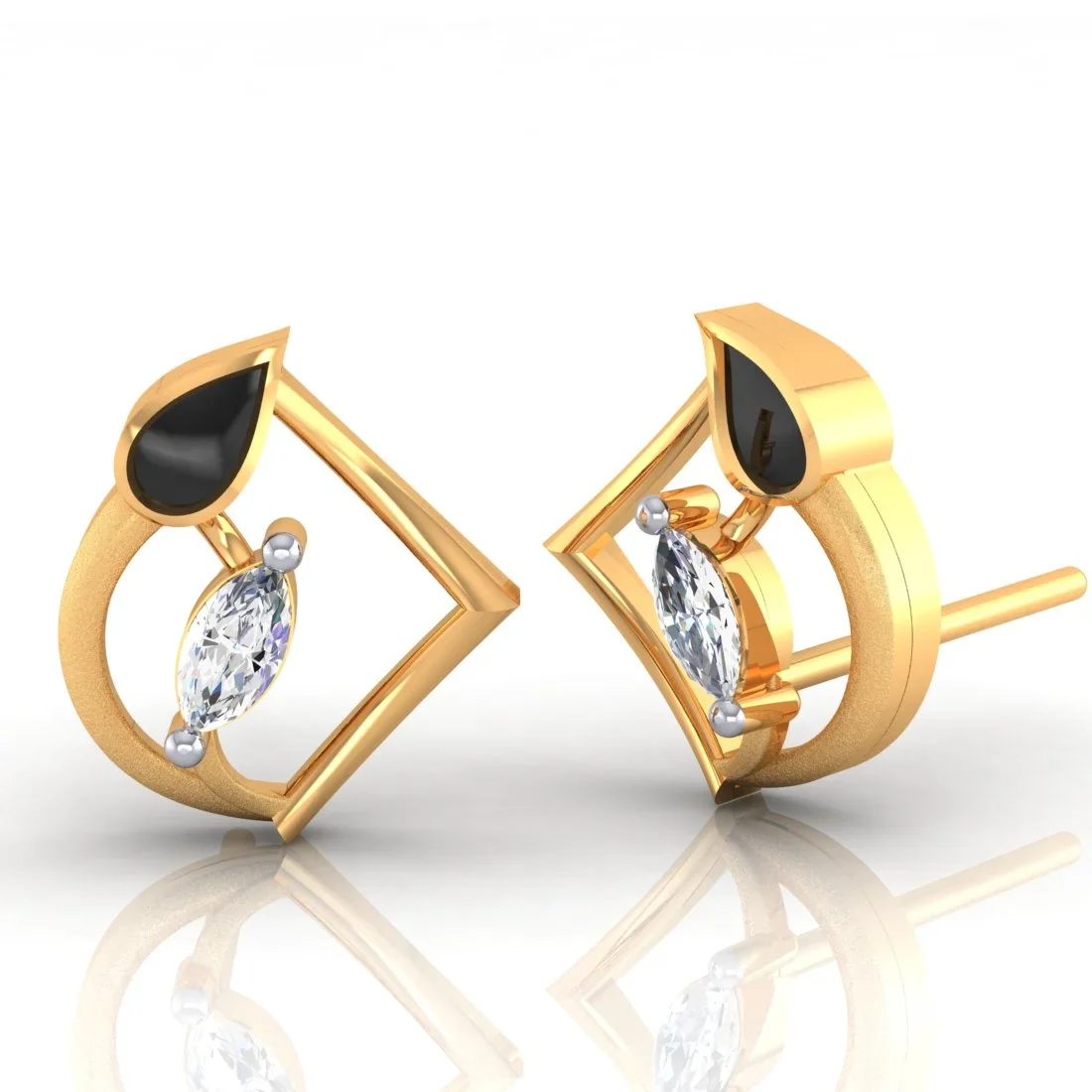 18K Diamond Earrings Teardrop Geometric Studs With Black Meena And Embedded Diamondss - Image 3