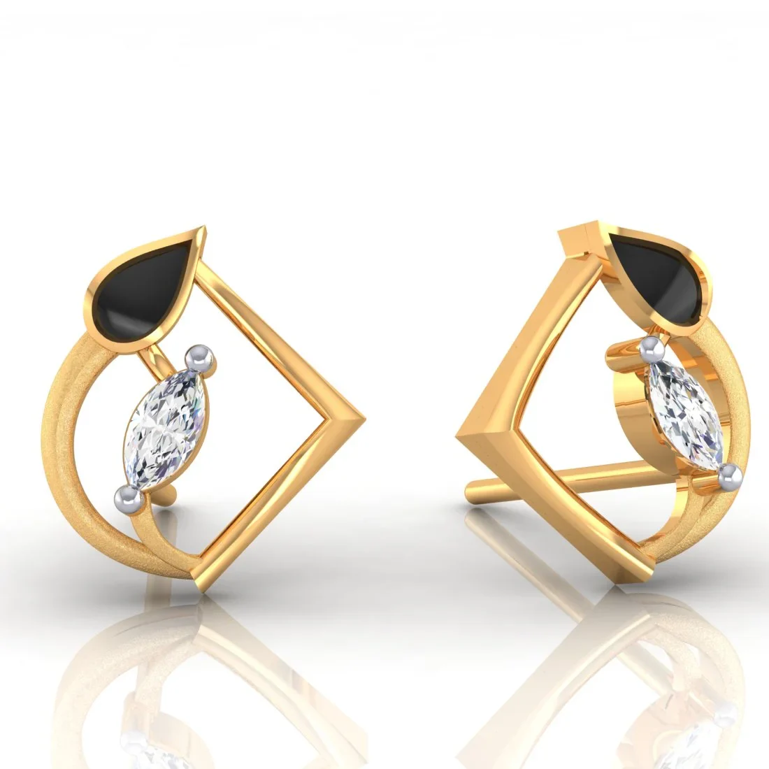 18K Diamond Earrings Teardrop Geometric Studs With Black Meena And Embedded Diamondss - Image 4