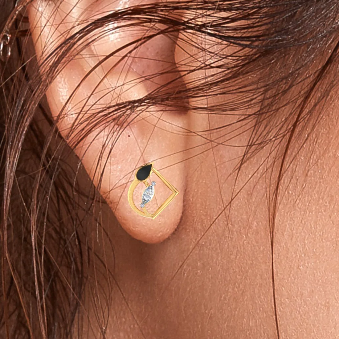 18K Diamond Earrings Teardrop Geometric Studs With Black Meena And Embedded Diamondss - Image 6