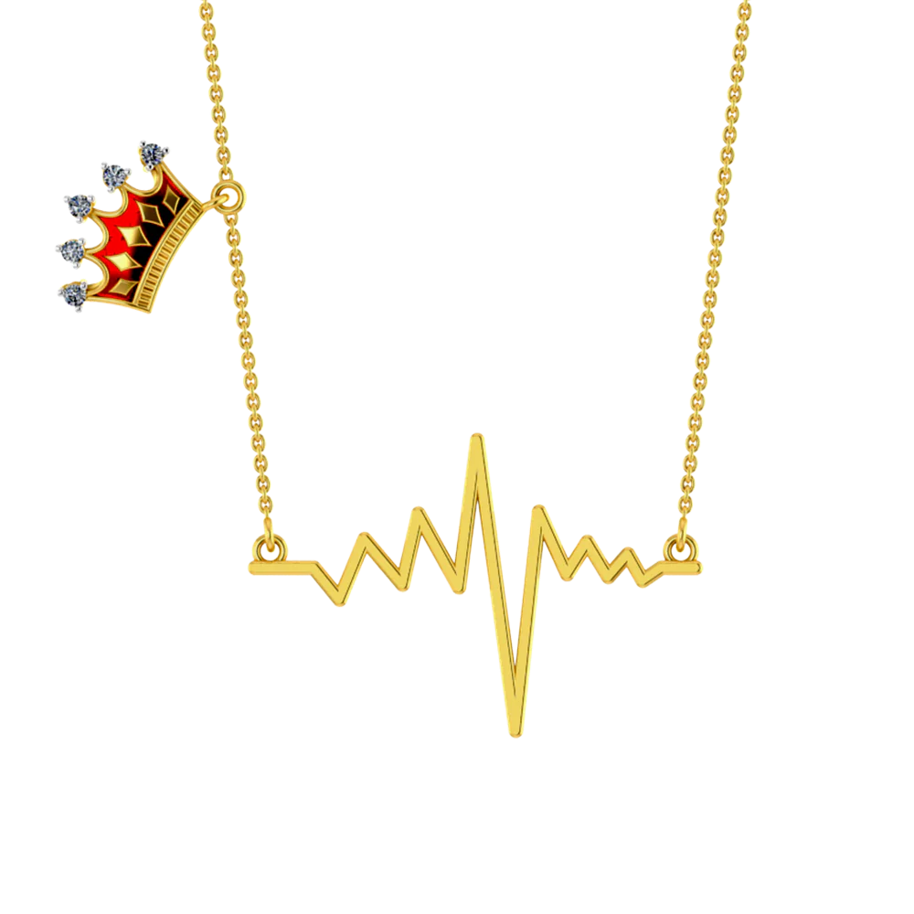 18k Diamond Necklace With A Heartbeat Pendant And A Mini Crown On The Chain - Image 2