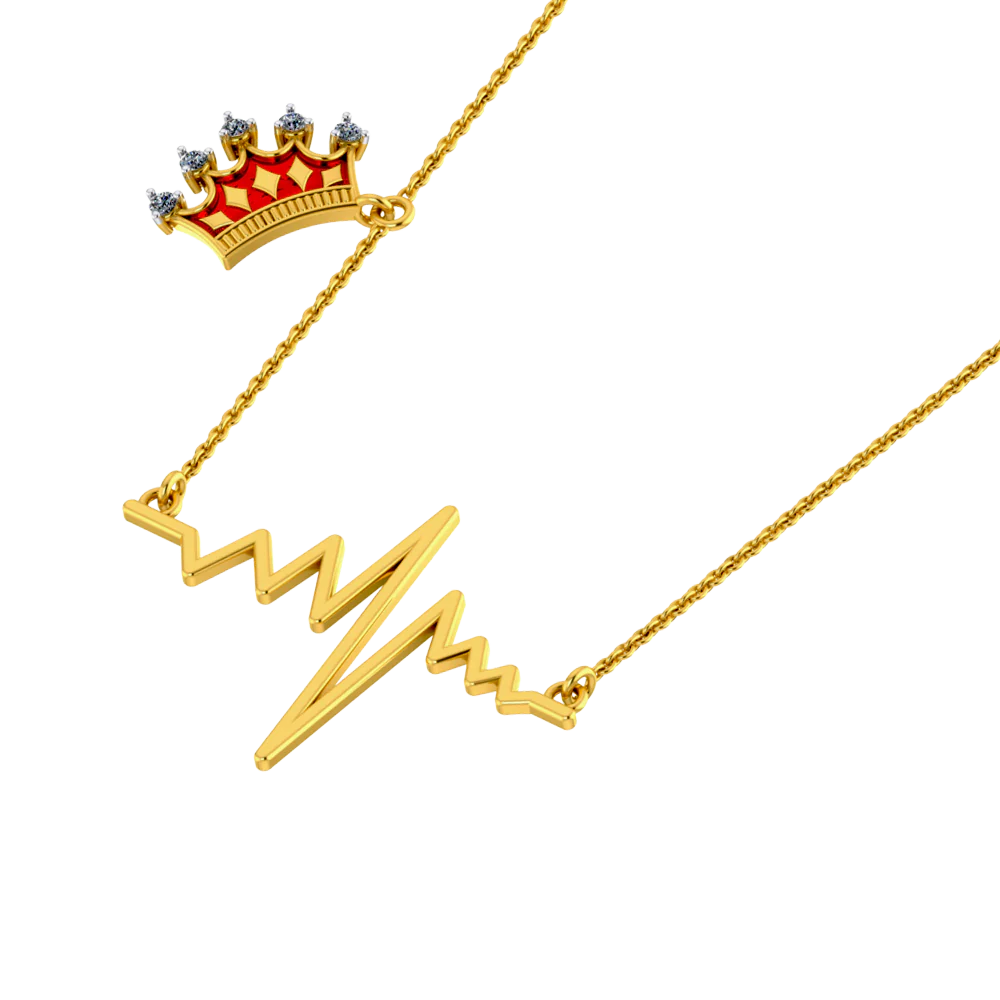 18k Diamond Necklace With A Heartbeat Pendant And A Mini Crown On The Chain - Image 3